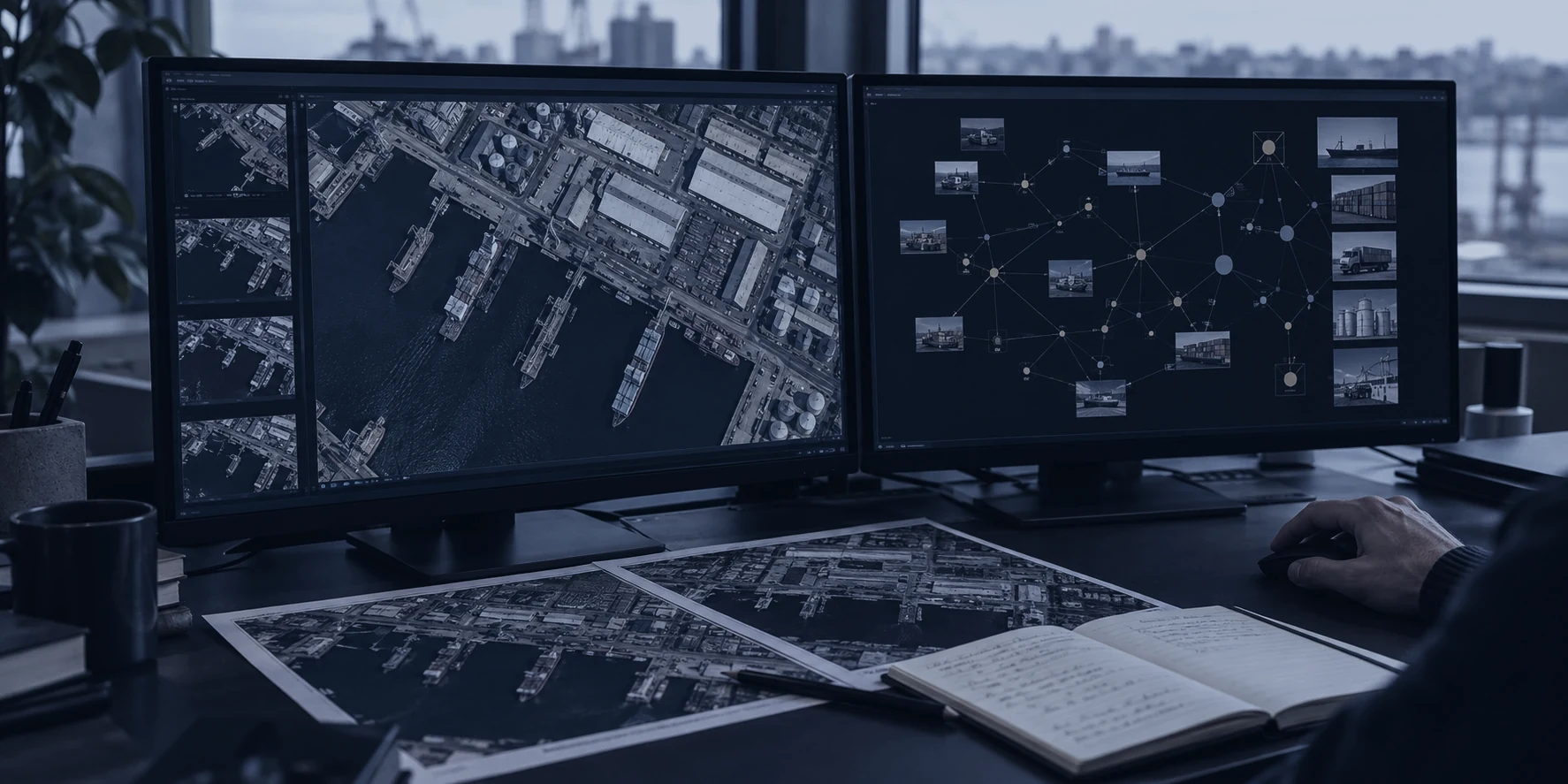 Illustration: two monitors showing a satellite image of a port and a link chart