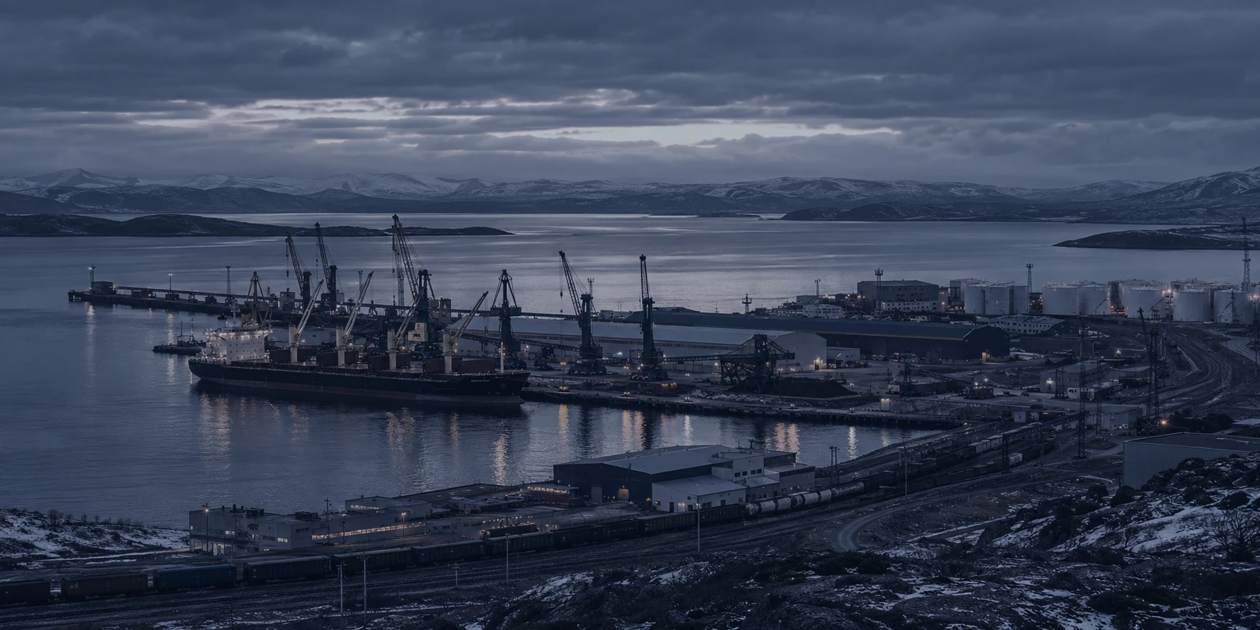 Illustration: a port panorama with a cargo ship, cranes and a railway