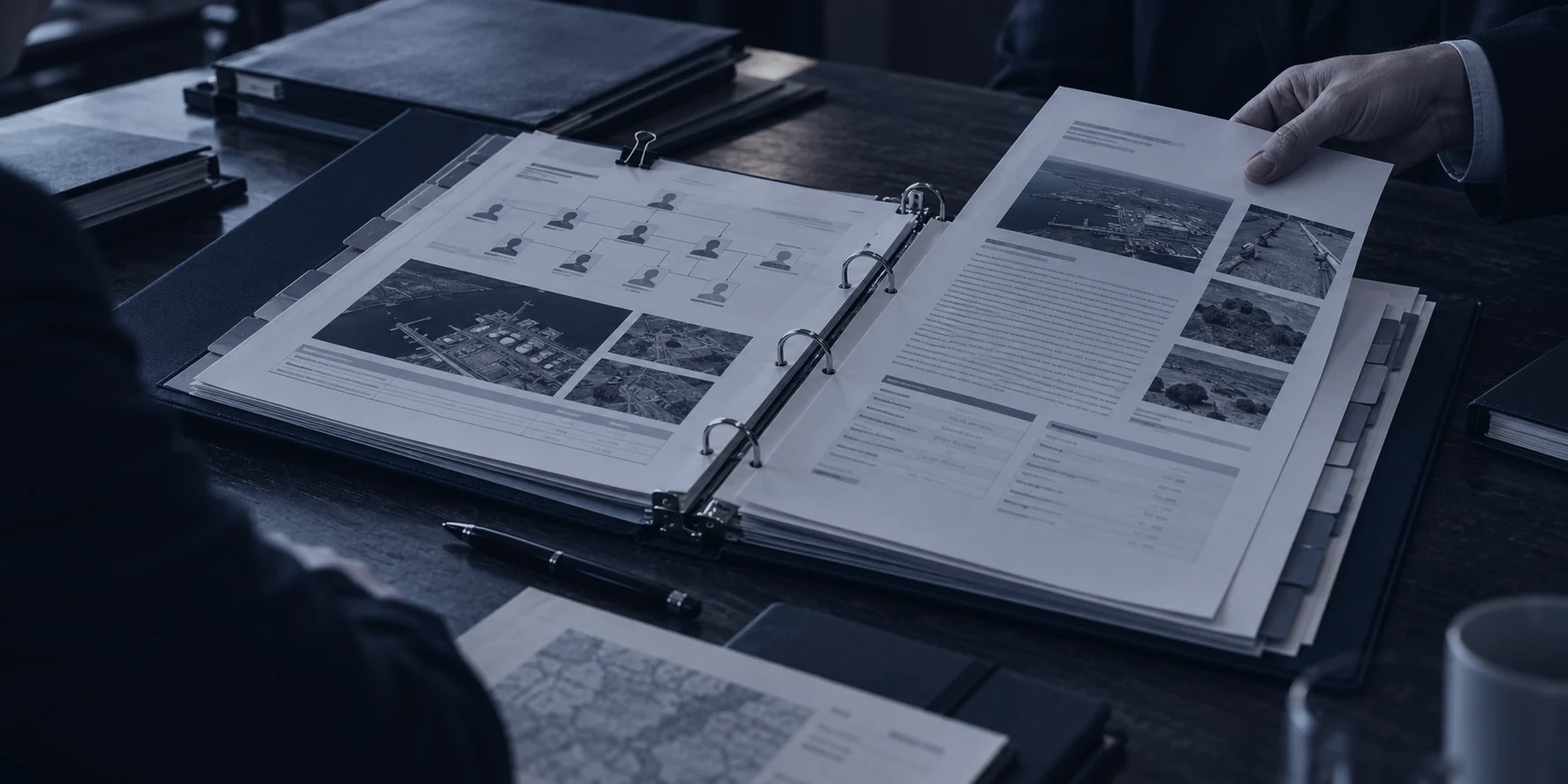Illustration: an open folder of investigation materials, a hand placing a document